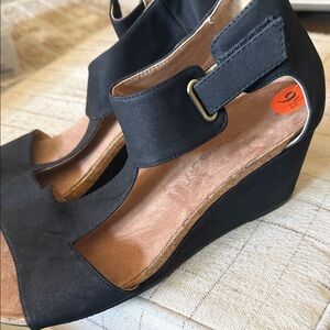 Adrienne Vittadini Black Suede Wedge Sandals with Ankle Strap